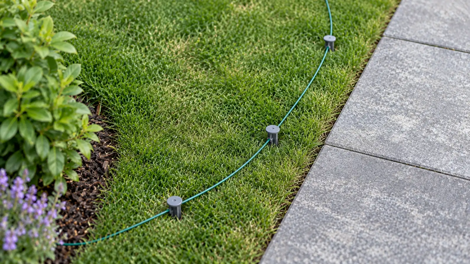 Alt-Text:   Begrenzungskabel eines Mähroboters, mit grauen Haken im Rasen befestigt, verläuft neben Terrassenplatten auf Rasenhöhe