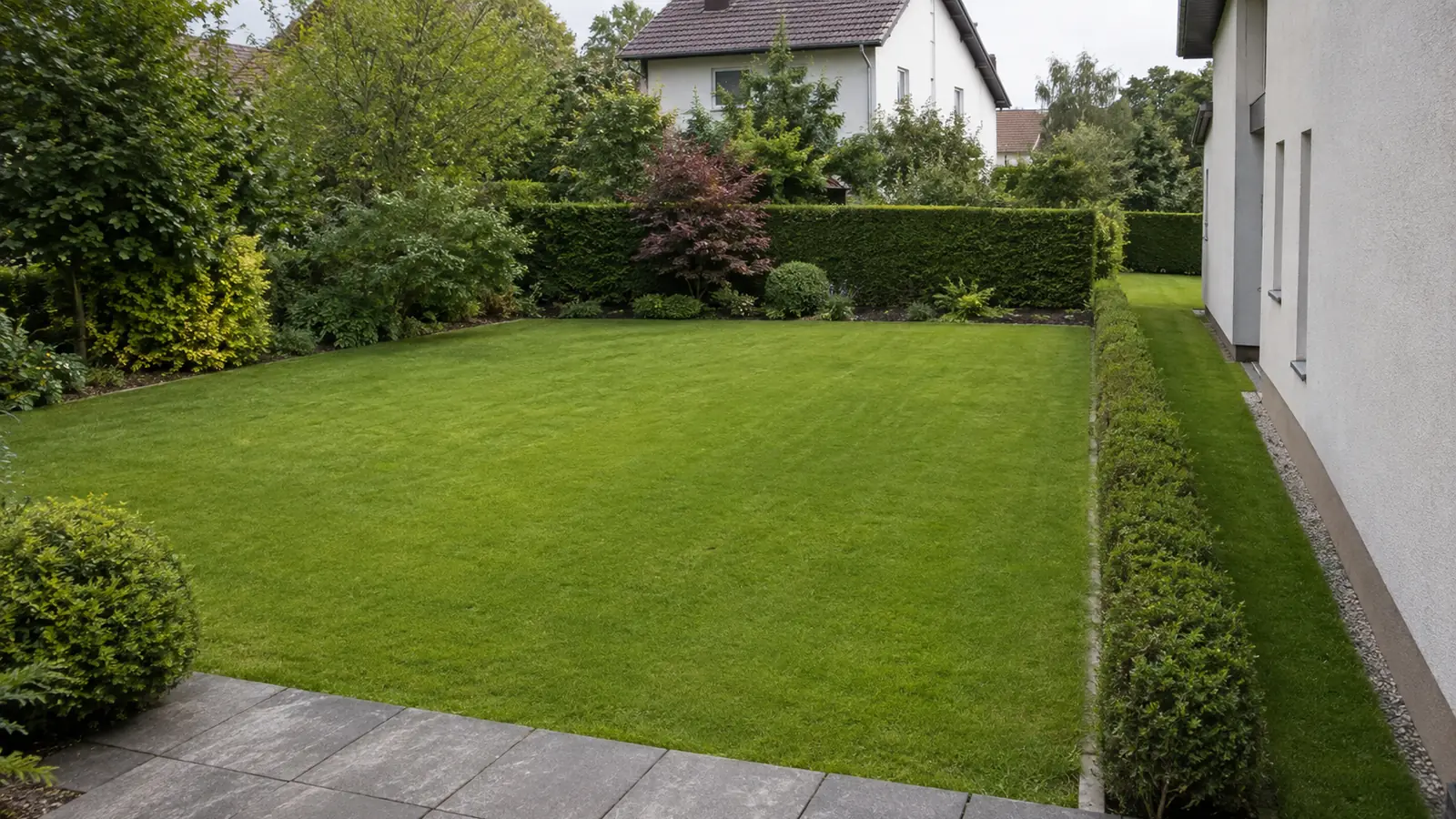 Große rechteckige Rasenfläche mit einem schmalen Grasweg, der zu einem zweiten Rasenbereich hinter dem Haus führt