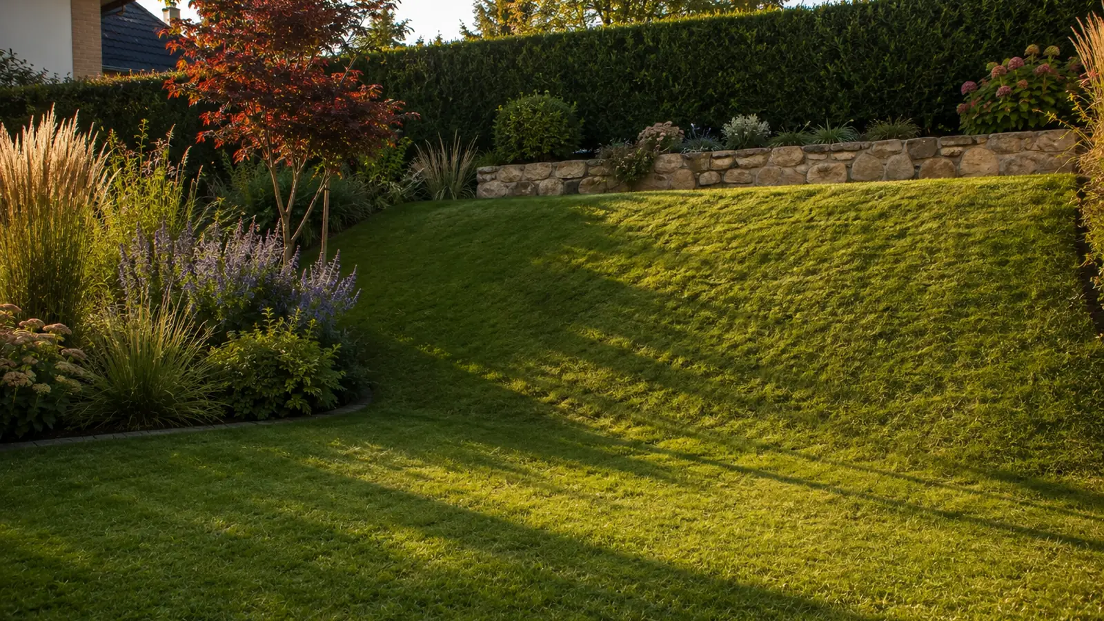 Hausgarten im Abendlicht: Von einer ebenen Rasenfläche im Vordergrund steigt rechts eine begrünte Böschung an und endet oben an einer niedrigen Natursteinmauer, hinter der ein bepflanztes Beet und eine hohe geschnittene Hecke die Grundstücksgrenze bilden. Links begrenzt ein Staudenbeet mit Ziergräsern und einem kleinen rotlaubigen Baum den Rasen.