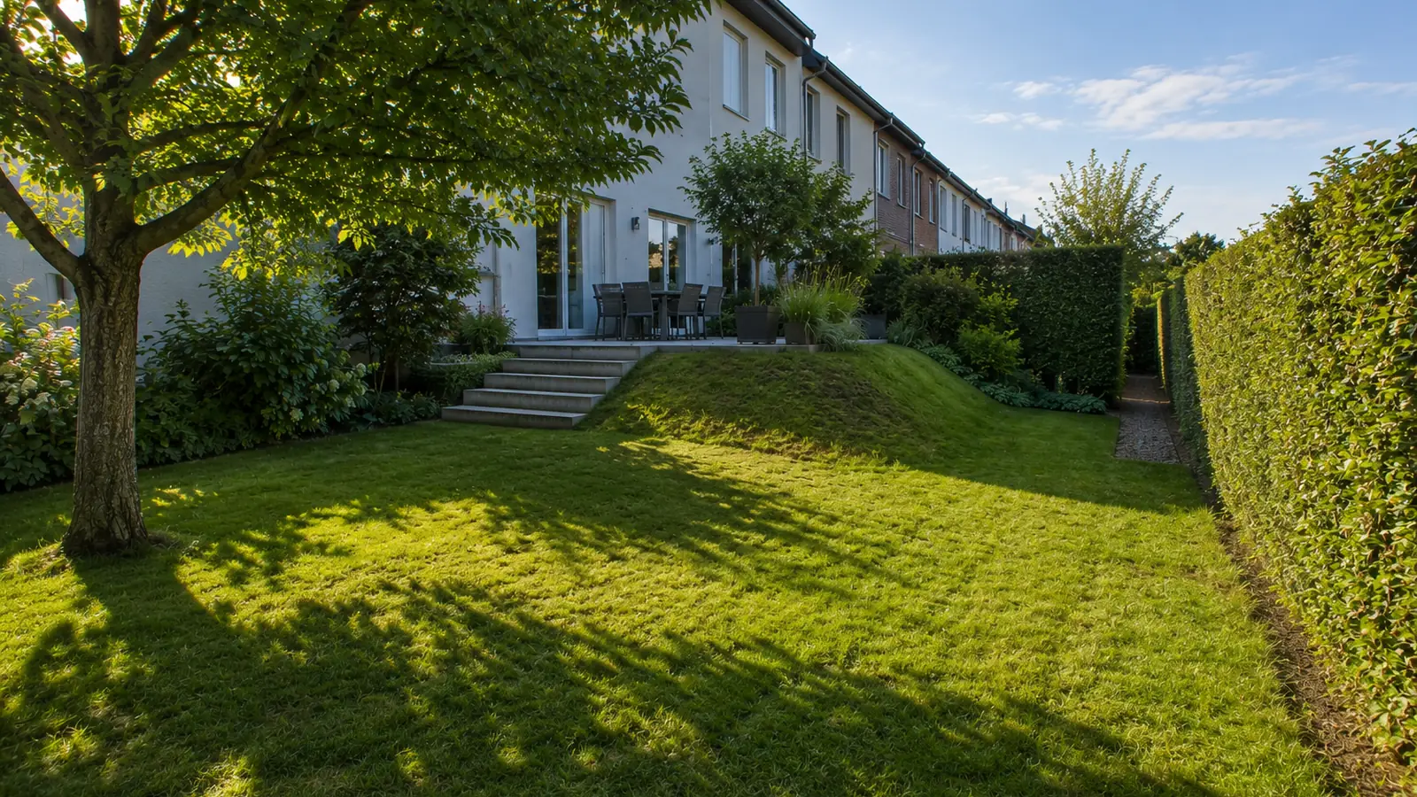 Rasenfläche eines Reihenhausgartens im Abendlicht. Links wirft ein großer Laubbaum fleckigen Schatten auf einen Teil des Rasens, rechts verläuft eine hohe geschnittene Hecke entlang der Grundstücksgrenze, an der ein schmaler Kiesweg in den hinteren Gartenteil führt. Im Hintergrund steigt der Rasen über eine Böschung zu einer Terrasse mit Stufen an, dahinter eine Zeile weißer Reihenhäuser.