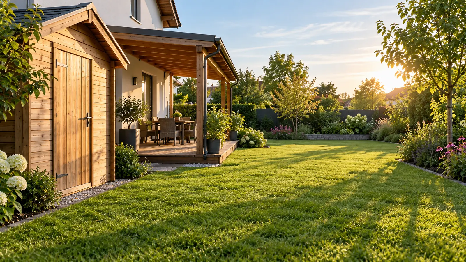 Garten im warmen Abendlicht: links ein Holzgartenhaus mit Satteldach, daneben eine überdachte Holzterrasse mit Tisch und Stühlen; rechts erstreckt sich der Rasen bis zu Beeten und Bäumen unter freiem Himmel.