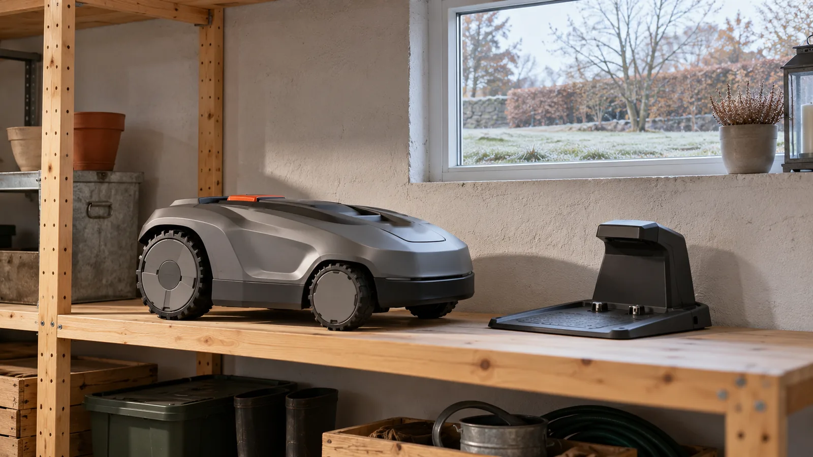 Ein grauer Mähroboter steht über den Winter auf einem Regal in einem trockenen Kellerraum, daneben die abgebaute Ladestation. Draußen liegt Reif auf dem Rasen.