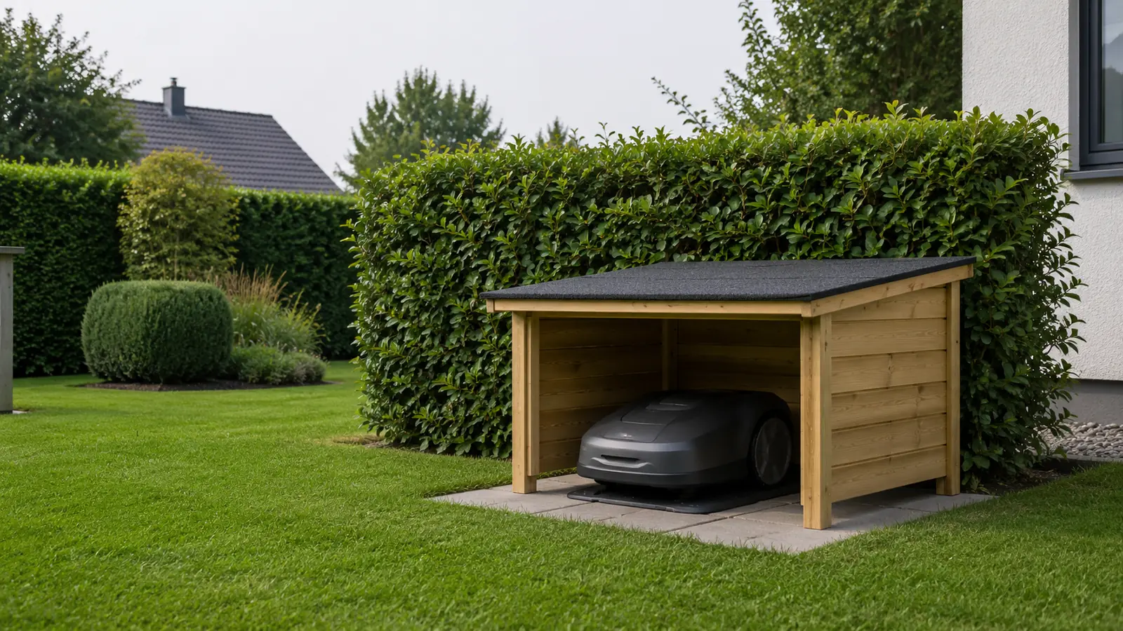 Holzgarage mit Flachdach an einer Hecke, darunter ein grauer Mähroboter auf einer Betonplatte