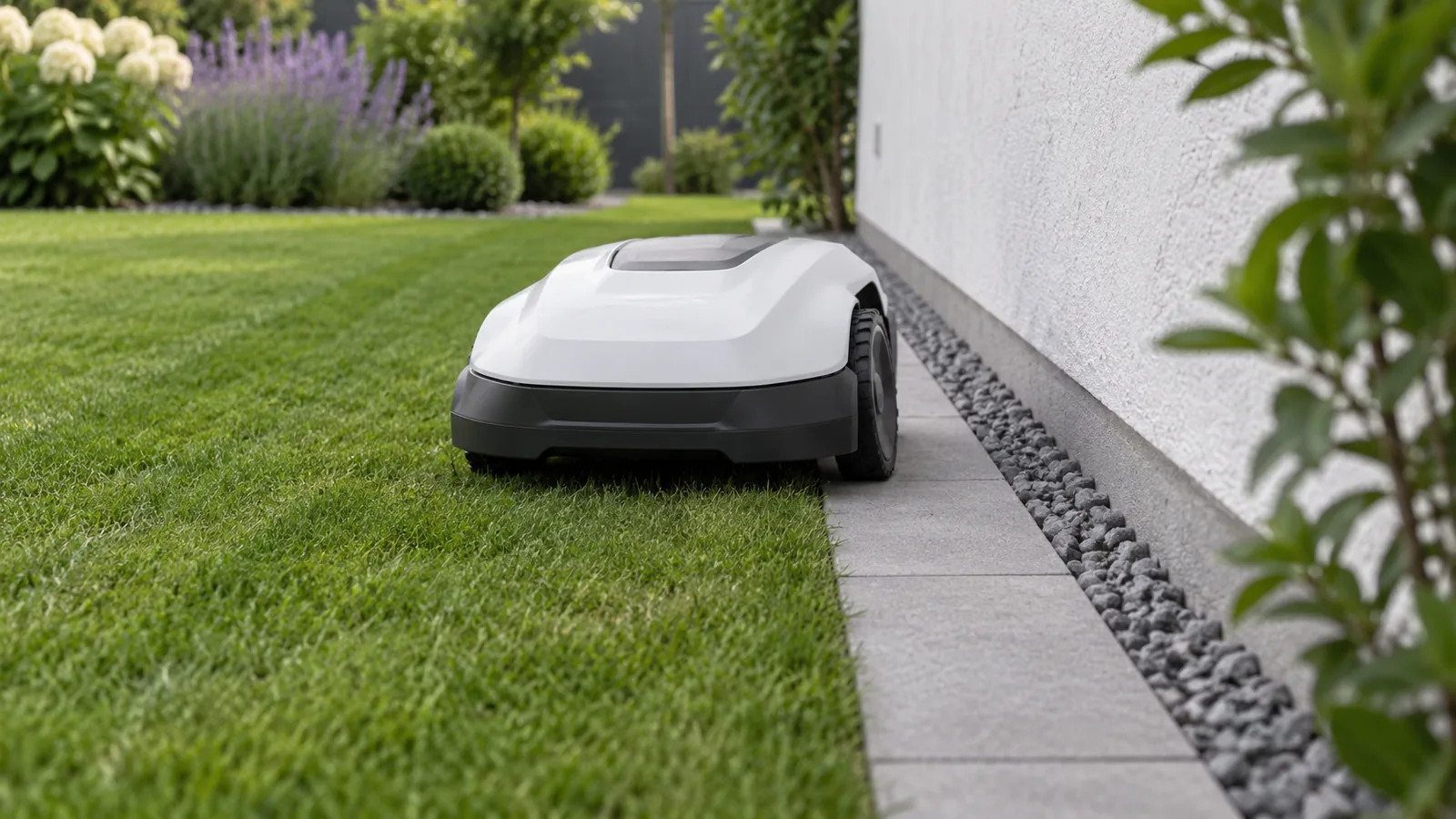 Weißer Mähroboter ohne Kennzeichnung fährt mit dem rechten Rad auf einer bündig verlegten grauen Randsteinkante entlang einer verputzten Hauswand, links davon der gemähte Rasen