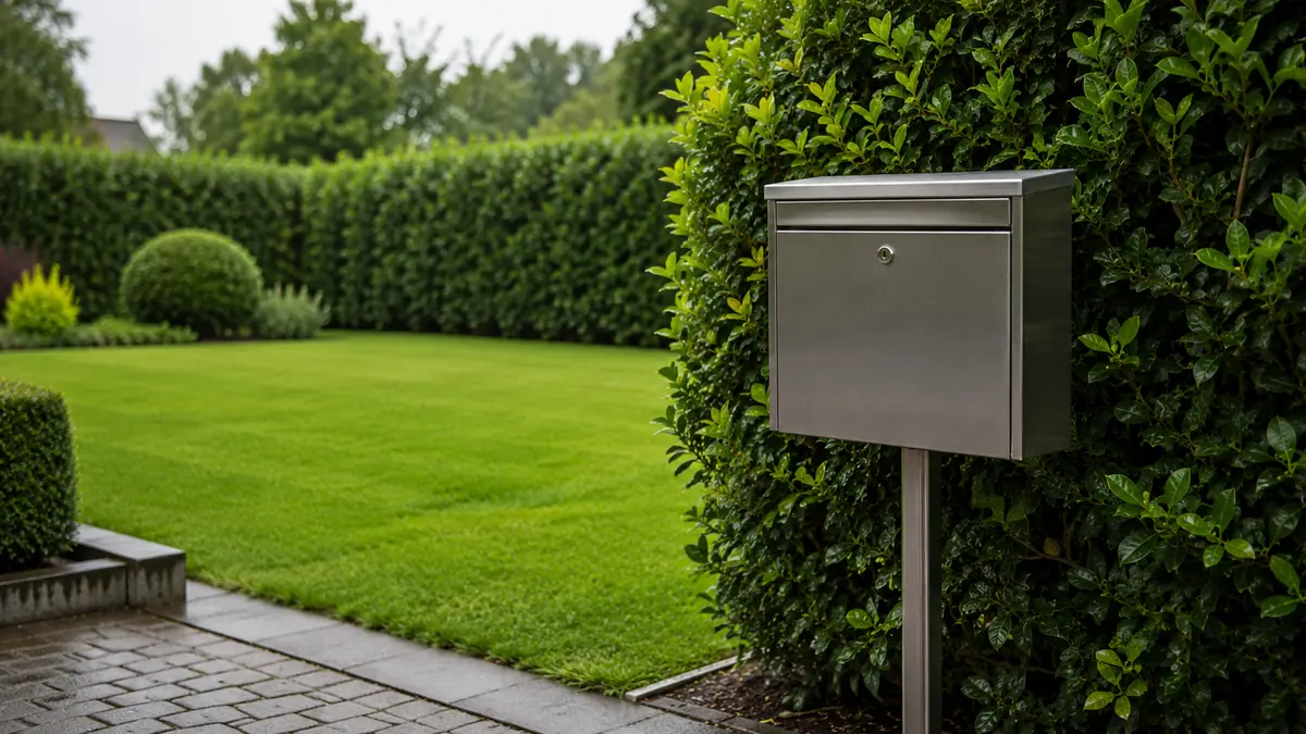 Ein schlichter Briefkasten aus Edelstahl auf einem Standfuß vor einer dichten, dunkelgrünen Hecke, dahinter eine gepflegte Rasenfläche.